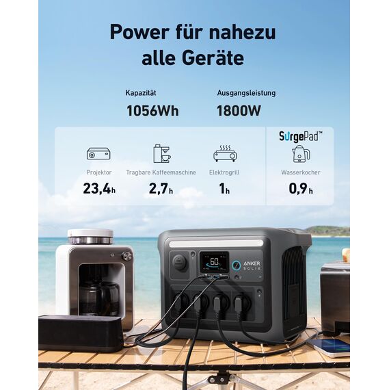 Anker SOLIX C1000 Set Tragbare Powerstation mit 100W Solarpanel, LiFePO4 Akku, 1800W Solargenerator, 4*230V Steckdosen mit max. 2400W Leistung, LFP Powerstation für Outdoor, Camping und Stromreserve