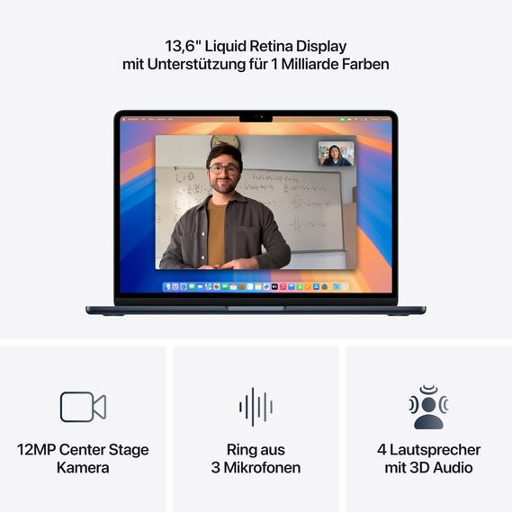 Apple MacBook Air (13", Apple M4 Chip mit 10‑Core CPU und 8‑Core GPU, 16GB Gemeinsamer Arbeitsspeicher, 256 GB) - Mitternacht