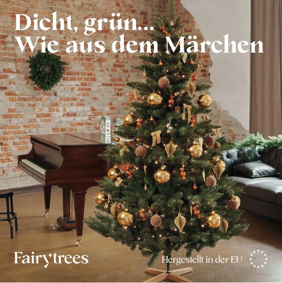 FairyTrees Weihnachtsbaum künstlich 120cm NORDMANNTANNE mit Christbaum Holzständer | TESTSIEGER Tannenbaum künstlich mit grünem Stamm | Made in EU