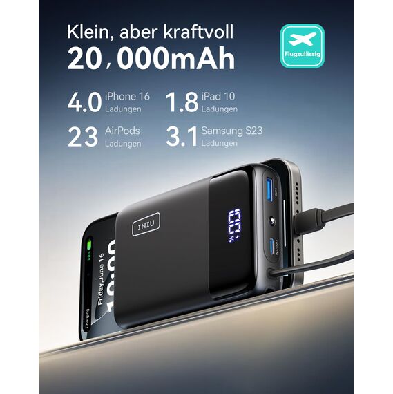 INIU Power Bank, Small Größe 45W 20000mAh PowerBank mit Integriertem USB-C Kabel, Travel Backpacking Essentials Klein Aber Stark Externe Handyakkus für iPhone Samsung Für Herren und Frauen, Weiß