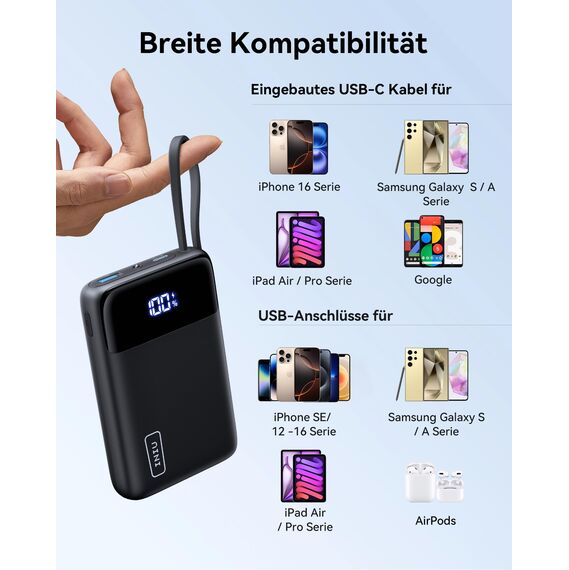 INIU Power Bank, Small Größe 45W 20000mAh PowerBank mit Integriertem USB-C Kabel, Travel Backpacking Essentials Klein Aber Stark Externe Handyakkus für iPhone Samsung Für Herren und Frauen, Weiß