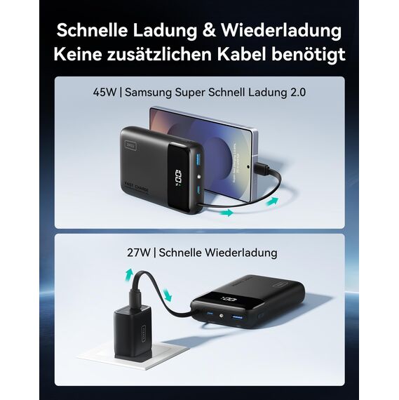 INIU Power Bank, Small Größe 45W 20000mAh PowerBank mit Integriertem USB-C Kabel, Travel Backpacking Essentials Klein Aber Stark Externe Handyakkus für iPhone Samsung Für Herren und Frauen, Weiß