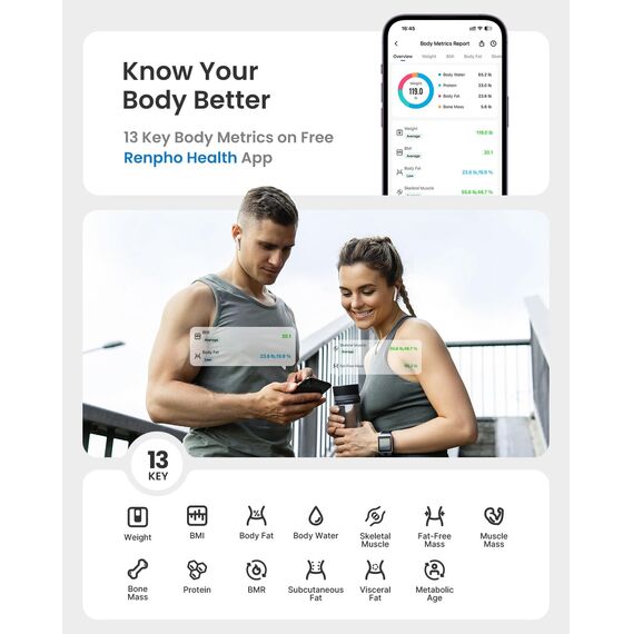 RENPHO Körperfettwaage mit großem Display, Personenwaage Ultrapräzise Waage mit Körperfett und Muskelmasse, Trend, Smart Waage Personen mit App, ITO Körperwaage, Schwarz, Elis 2X